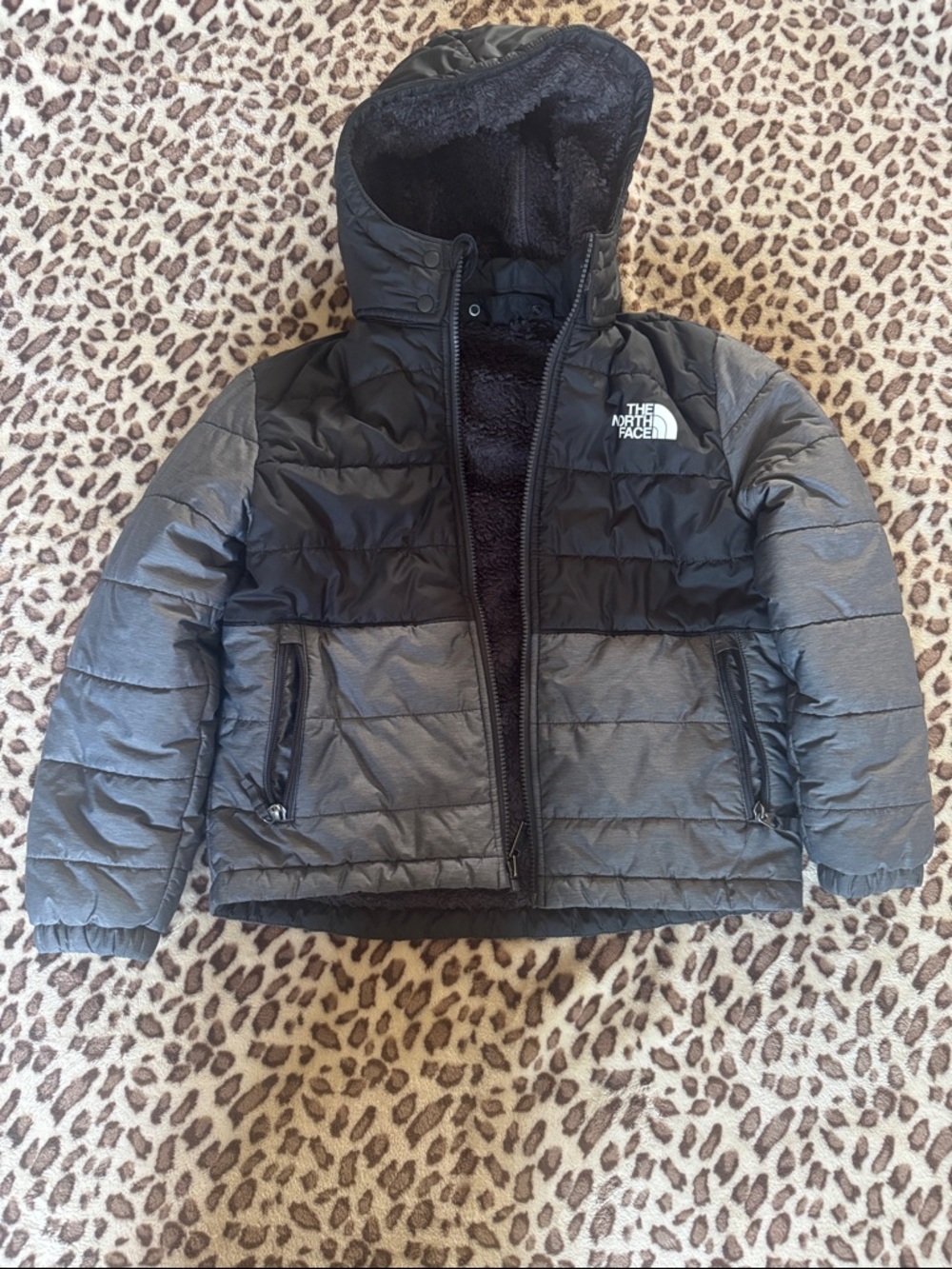The North Face Two-Tone Black and Gray Hooded Puffer Jacket